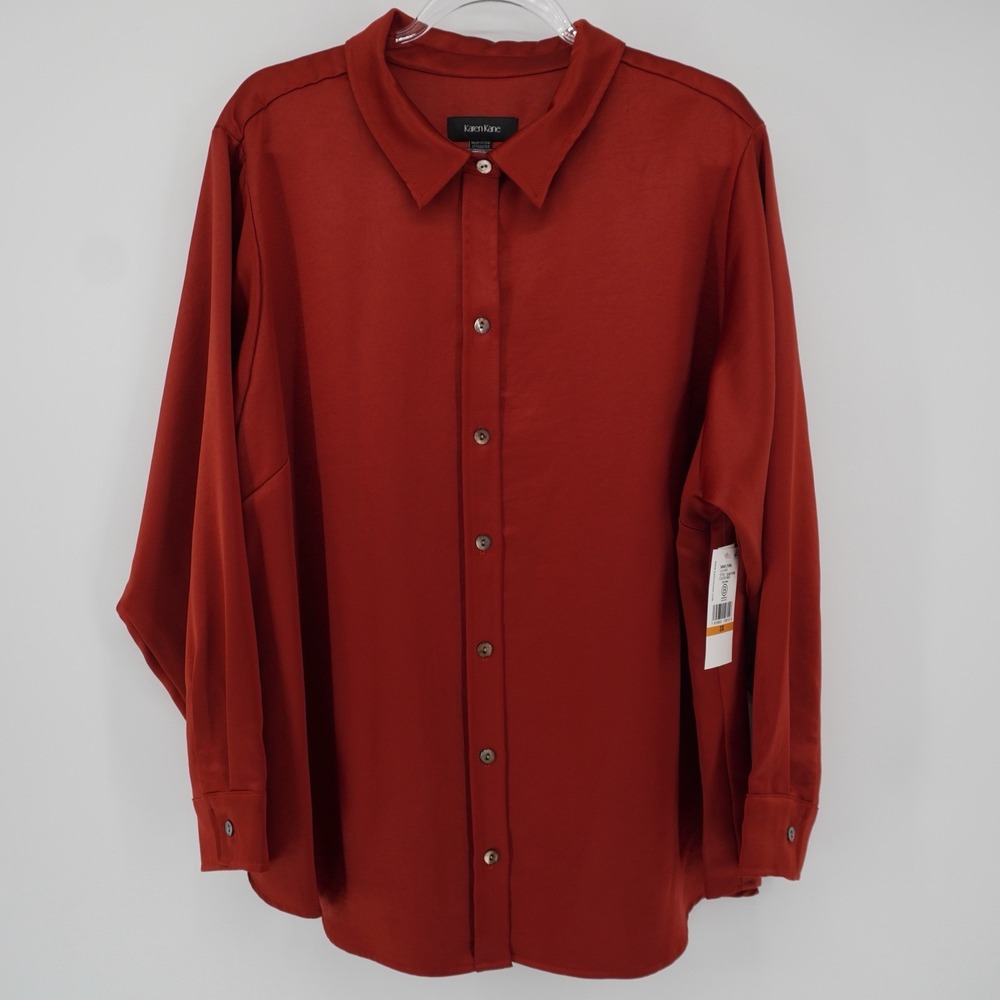 Karen Kane Long Sleeve Button-Up Satin Look Burnt Orange Rust Women's 3X NEW